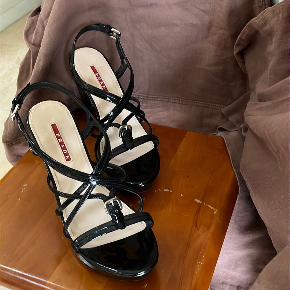 Prada wedge sandals black patent leather